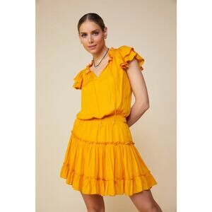 Skies Are Blue Satin Smocked Waist Ruffle Mini Dress Small Gold Cocktail Event